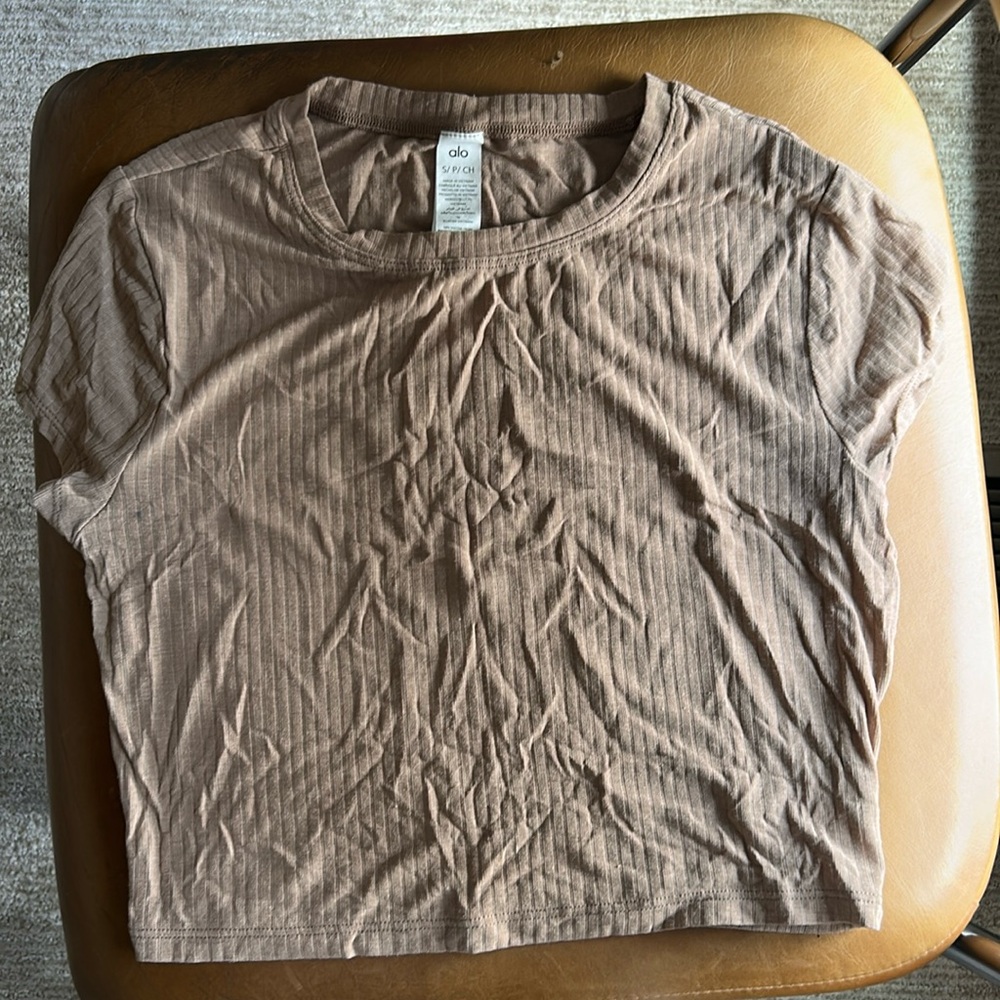 ALO Yoga Ribbed Cropped Tee in Light Brown/Beige